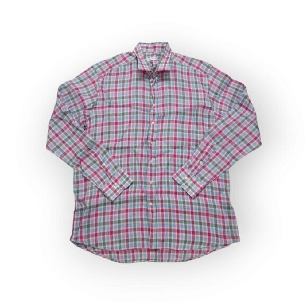 ETRO Plaid‎ 100% Linen Button Up Long Sleeve Shirt Mens 45
